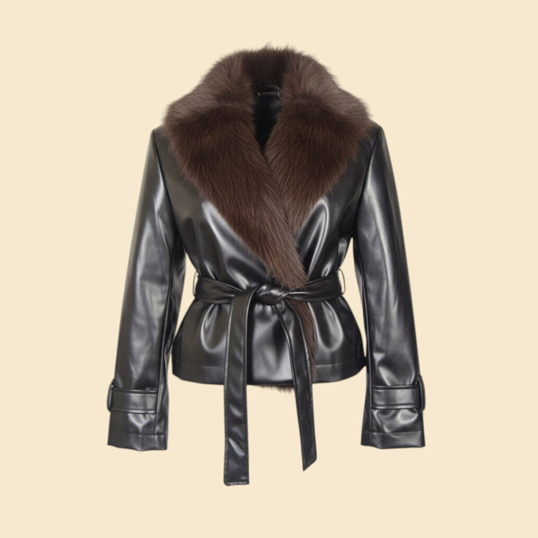 Fur Collar Belted Leather Jacket