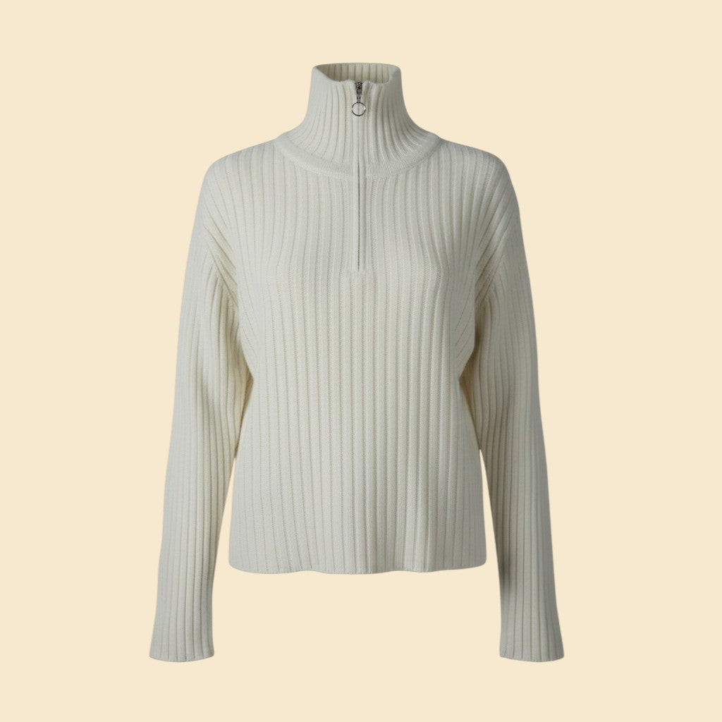 Quarter-Zip Ribbed High-Neck Sweater