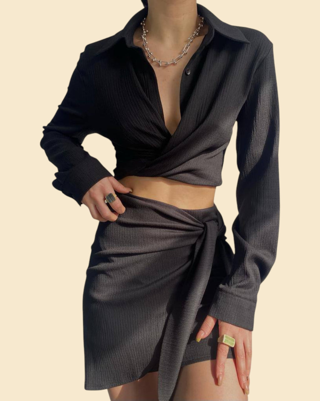 Textured Wrap-Front Shirt & Mini Skirt Set