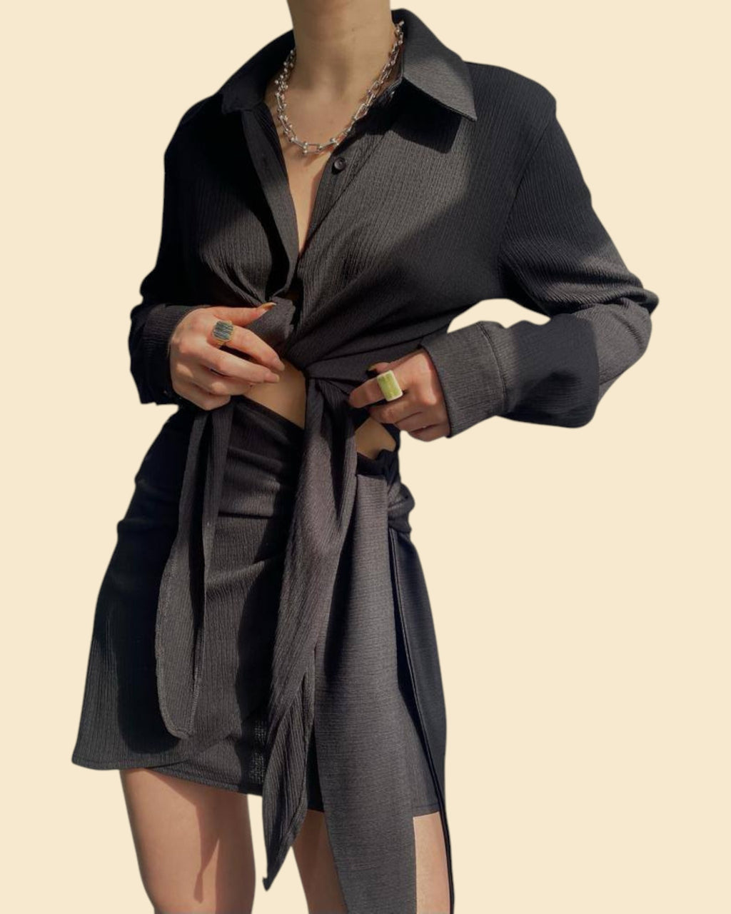 Textured Wrap-Front Shirt & Mini Skirt Set