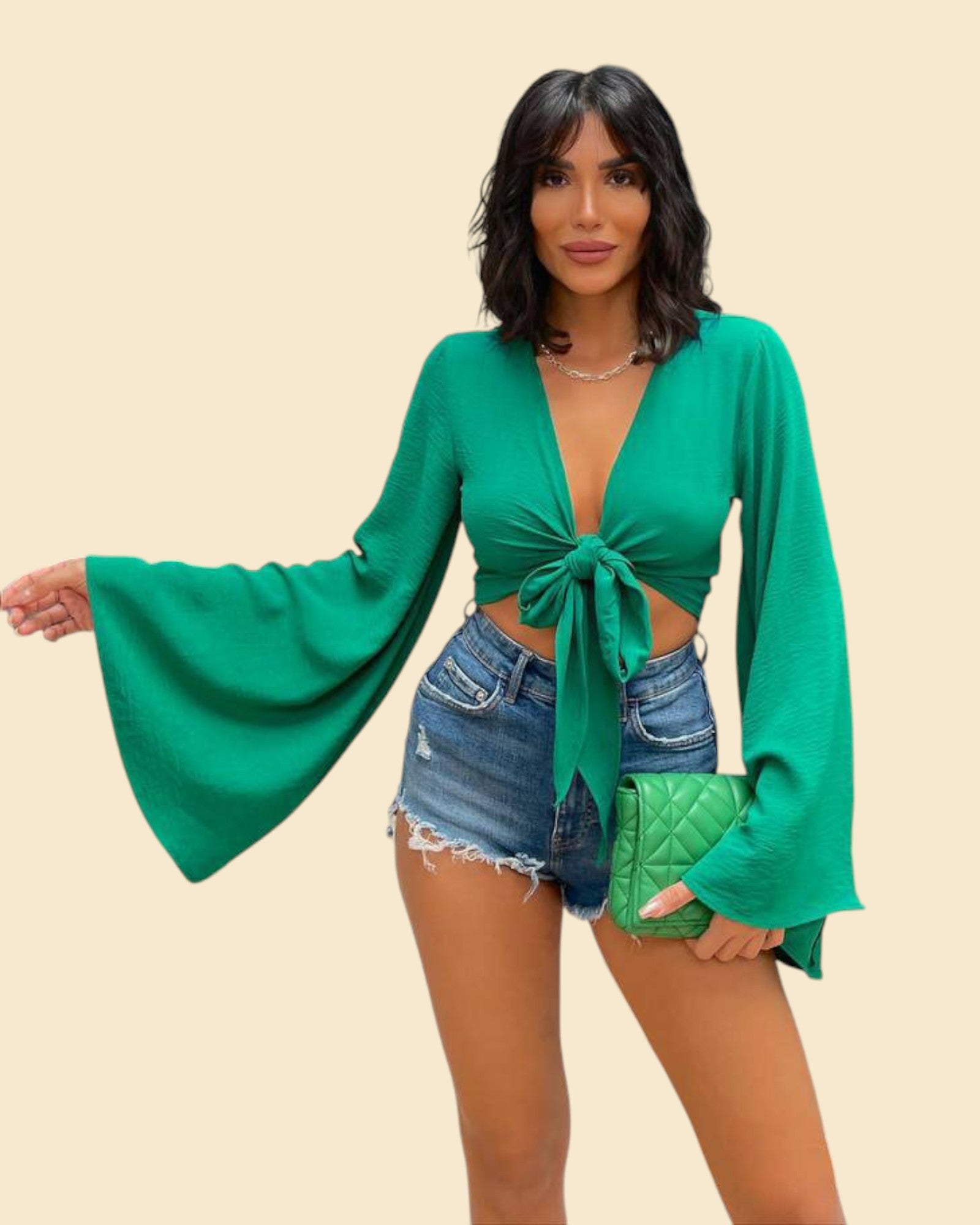 Statement Bell-Sleeve Tie Crop Top