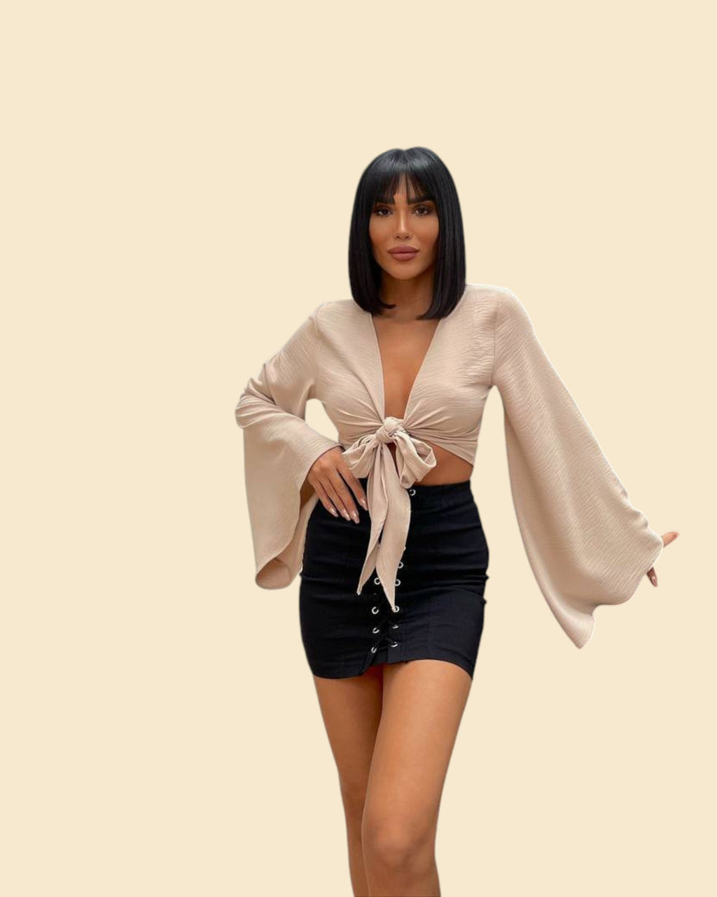 Statement Bell-Sleeve Tie Crop Top