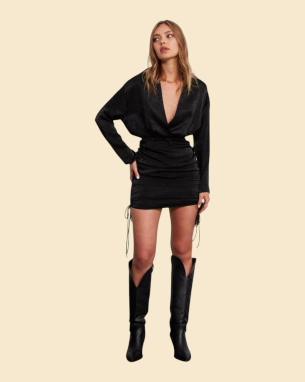 Black Long-Sleeve Ruched Mini Dress