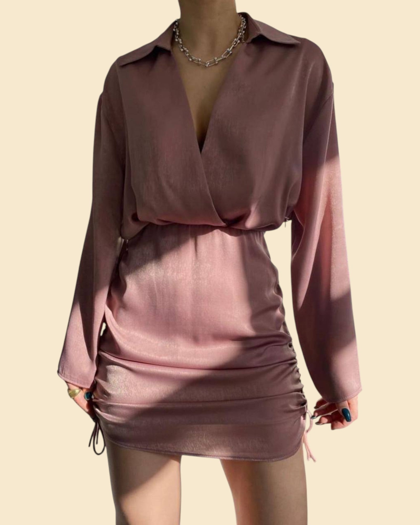 Black Long-Sleeve Ruched Mini Dress