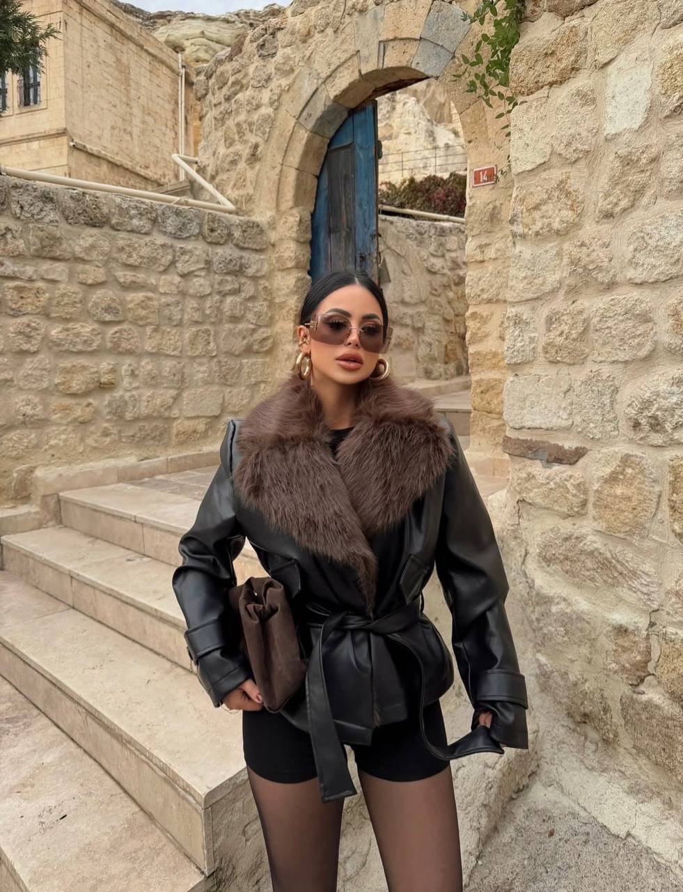 Fur Collar Belted Leather Jacket