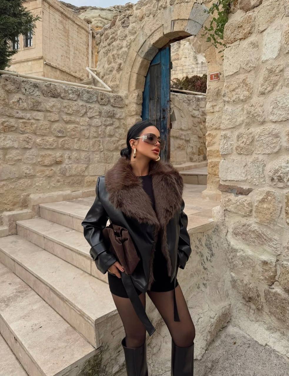 Fur Collar Belted Leather Jacket