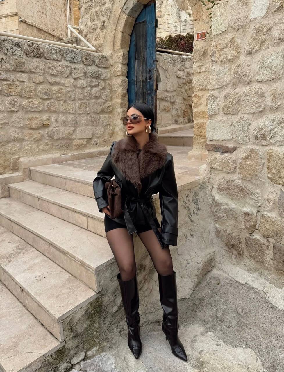 Fur Collar Belted Leather Jacket