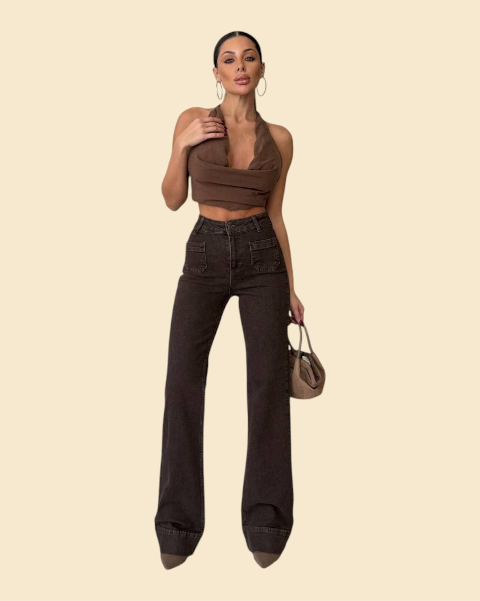 High-Rise Patch-Pocket Flare Denim