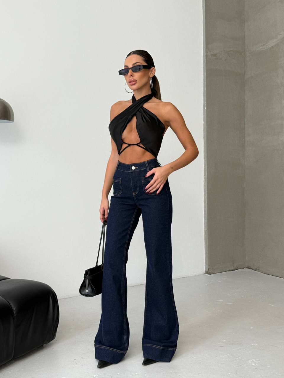 High-Rise Patch-Pocket Flare Denim