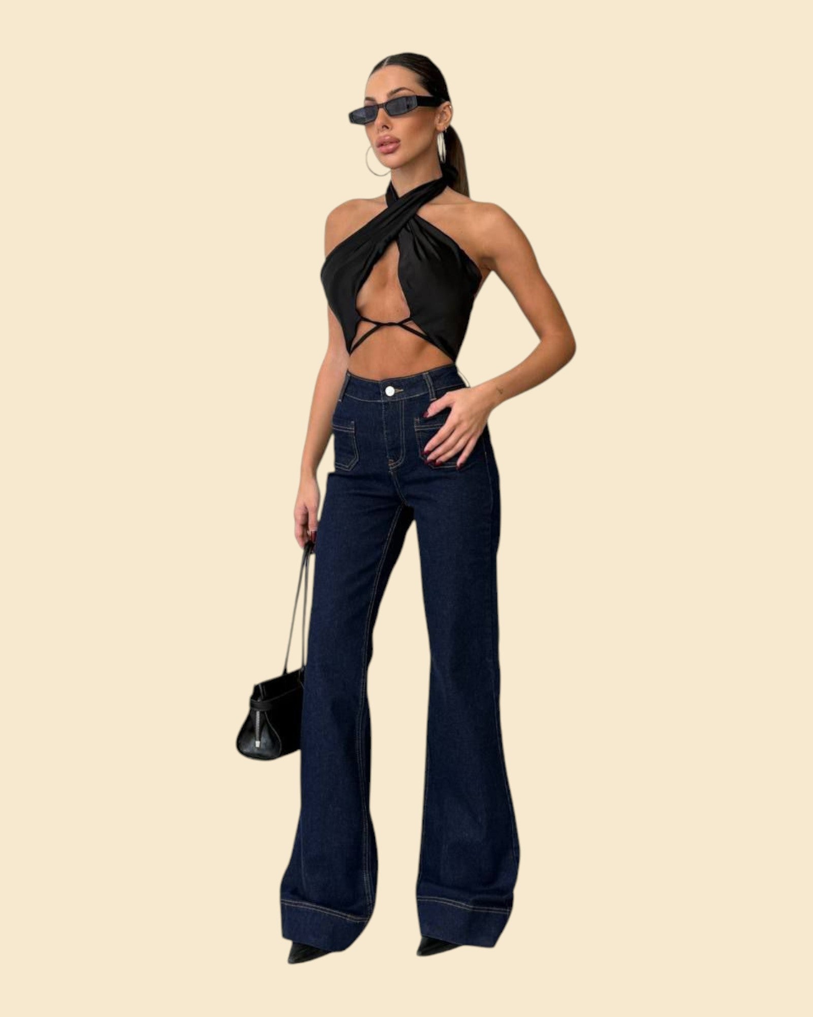 High-Rise Patch-Pocket Flare Denim